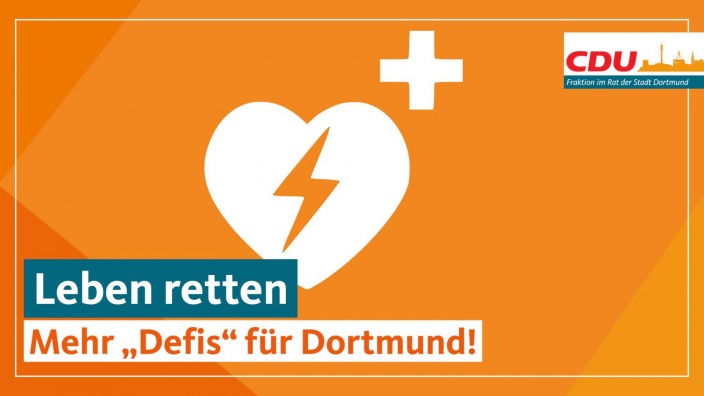 Auf dem Bild sehen Sie den Schriftzug "Leben retten: Mehr Defis für Dortmund" auf orangenem Grund.