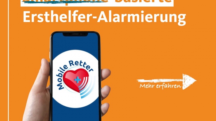 Auf diesem Bild sehen Sie den Schriftzug "Smartphone-basierte Ersthelfer-Alarmierung" auf orangenem Grund.